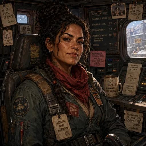 Cargo pilot in a dark uniform with a red scarf and route badges in a spacecraft cockpit