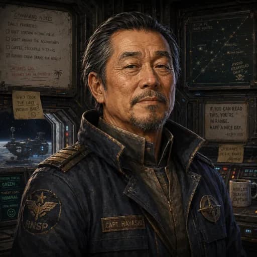 Veteran station captain in a navy command uniform with insignia in a spacecraft command room