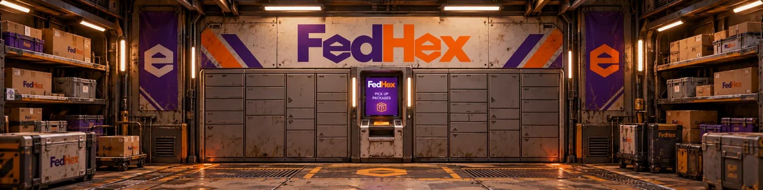 A FedHex parcel hub: a wall of metal parcel lockers under a large purple-and-orange FedHex sign, with a glowing Pick Up Packages terminal in the middle and shelves of parcels and crates to either side